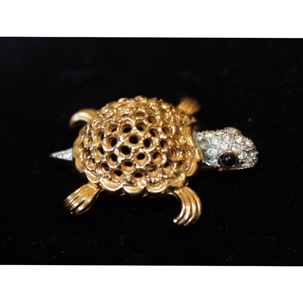 Vintage Turtle Brooch Rhinestone & Black Stone Signed Jomaz 9.8g Handmade unique - Picture 8 of 10